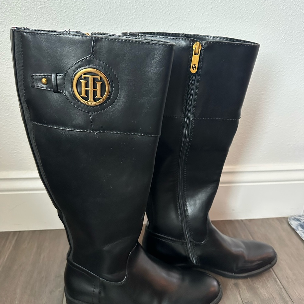 Tommy Hilfiger Black Riding Boots with Gold Logo